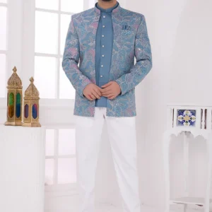 Blue Silk Embroidered Sequins Thread Bandhgala Jacket