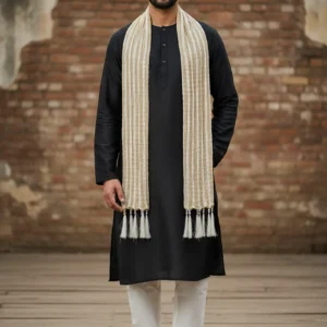Off White Zari Malmal Silk Mens Stole