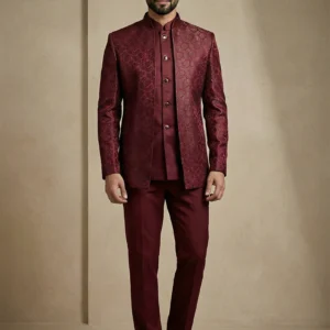 Royal Dark Maroon Donear Satin Jacquard Bandhgala Suit Wedding Wear