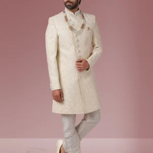 Cream Banarasi Silk Embroidered Angrakha Sherwani Wedding Wear