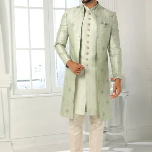 Pista Green Art silk Jacquard Classic Sherwani Party Wear