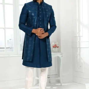 Teal Blue Art silk Foil Print Classic Sherwani Party Wear