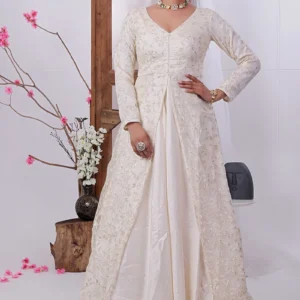 Teen Girls Beige Net Embroidered Satin Gown Festive Wear