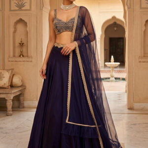 Navy Blue Organza Hand Embroidered Sequins Lehenga Wedding Wear