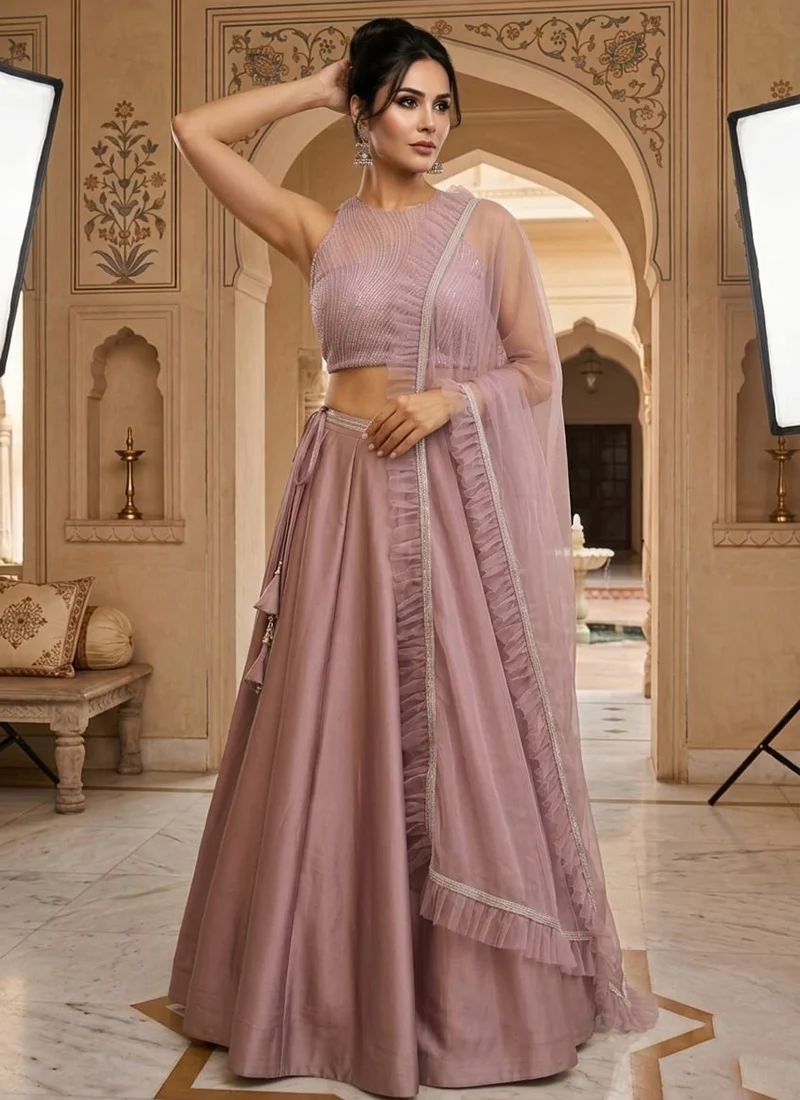 Mauve Net Hand Embroidered Sequins Lehen Wedding Wear