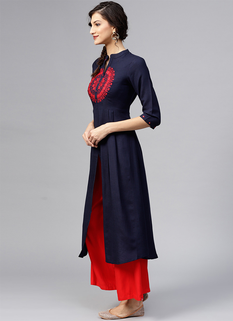 Blue Rayon Knee Length Kurti Work Wear