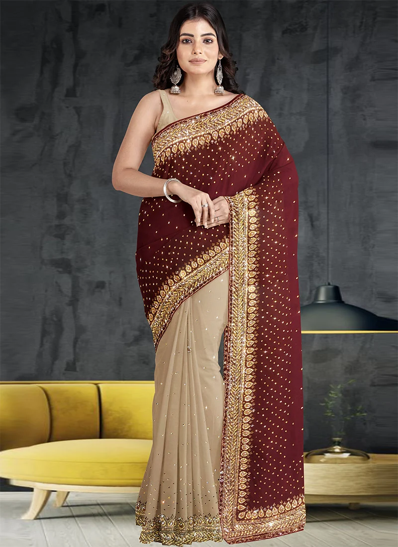 Beige Georgette Hand Work Half N Half Saree Party Wear