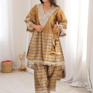Graceful Gold Two Tone Line Tissue Silk Coding Embroidered Mirror Work Lace Kurta Straight Pant Set After Six Wear