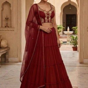 Maroon Georgette Hand Embroidered Sequins Lehenga Wedding Wear