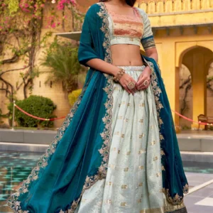 Radiant Teal Slub Kota Silk Zari Weaving Work With Paithani Border Fish Cut Lehenga Festive Wear