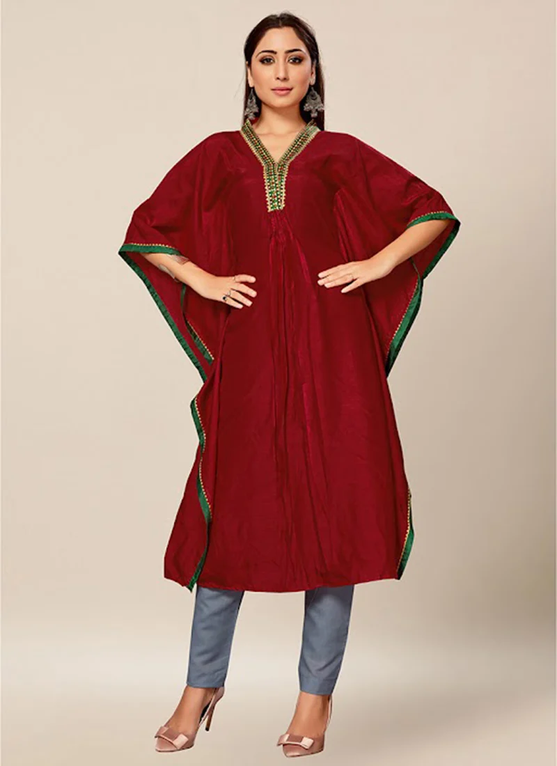 Wine Dola Silk Embroidered Kaftan Work Wear