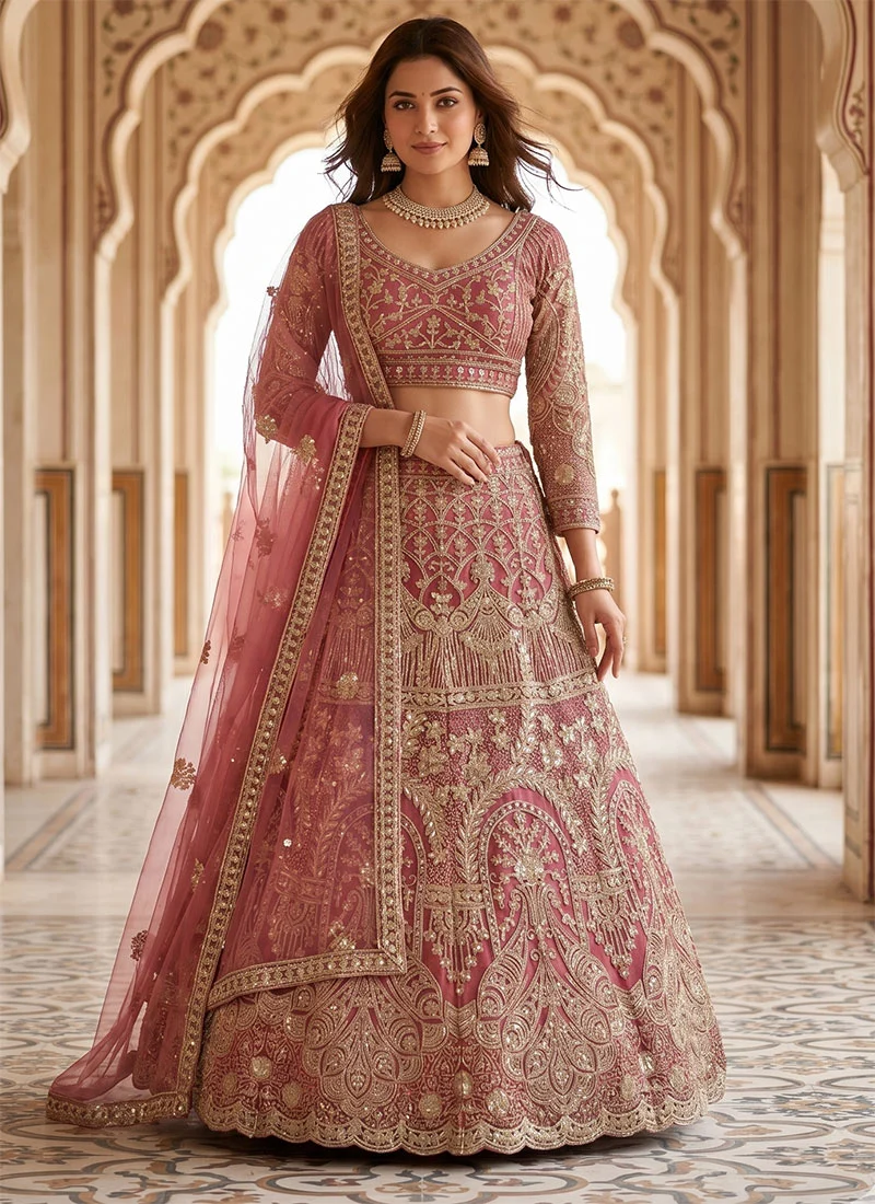 Pink Net Embroidery Sequins Lehenga Wedding Wear