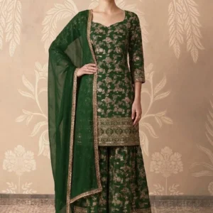 Elegant Green Dola Silk Jacquard Sequins Sharara Suit Festive Wear