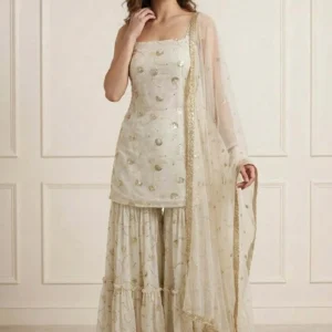 Beautiful Off White Faux Georgette Embroidered Sharara Suit Festive Wear
