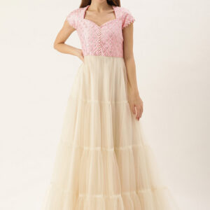 Teen Girls Pink Embroidered N Off White Tiered Gathers Gown Party Wear