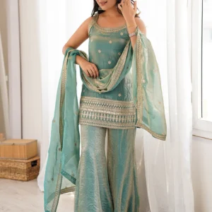 Graceful Sea Green Fandy Silk Embroidery Sequence Dori And Zari Work Palazzo Suit After Six Wear