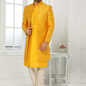 Yellow Art silk Foil Print Classic Sherwani Party Wear