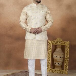 Gold Jacquard Silk Nehru Jacket For Men