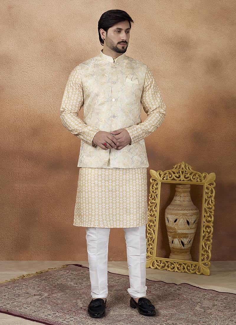 Gold Jacquard Silk Nehru Jacket For Men